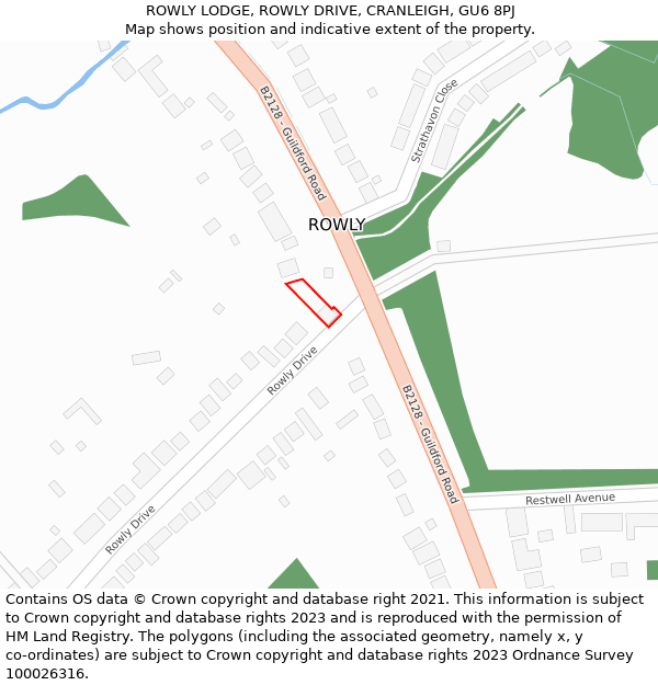 ROWLY LODGE, ROWLY DRIVE, CRANLEIGH, GU6 8PJ: Location map and indicative extent of plot