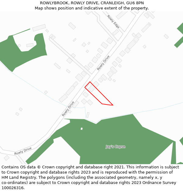 ROWLYBROOK, ROWLY DRIVE, CRANLEIGH, GU6 8PN: Location map and indicative extent of plot