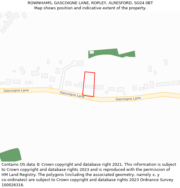 ROWNHAMS, GASCOIGNE LANE, ROPLEY, ALRESFORD, SO24 0BT: Location map and indicative extent of plot