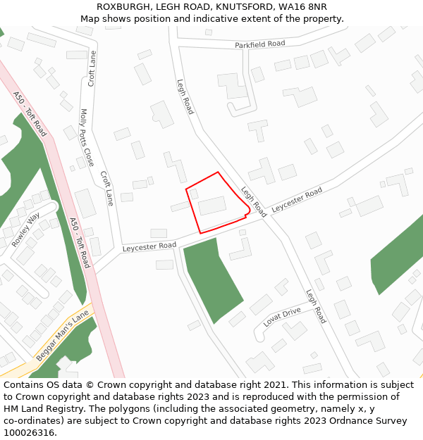 ROXBURGH, LEGH ROAD, KNUTSFORD, WA16 8NR: Location map and indicative extent of plot