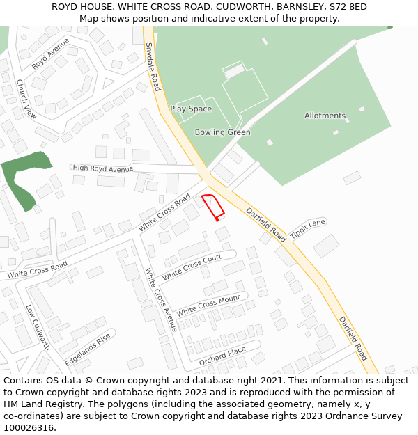 ROYD HOUSE, WHITE CROSS ROAD, CUDWORTH, BARNSLEY, S72 8ED: Location map and indicative extent of plot
