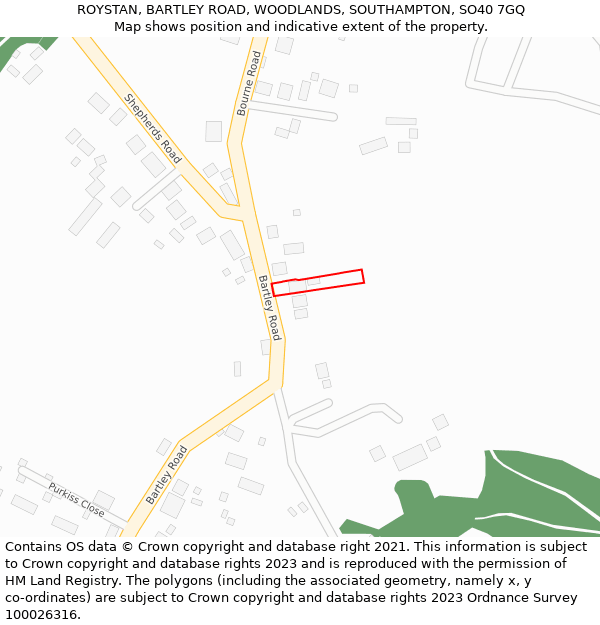 ROYSTAN, BARTLEY ROAD, WOODLANDS, SOUTHAMPTON, SO40 7GQ: Location map and indicative extent of plot