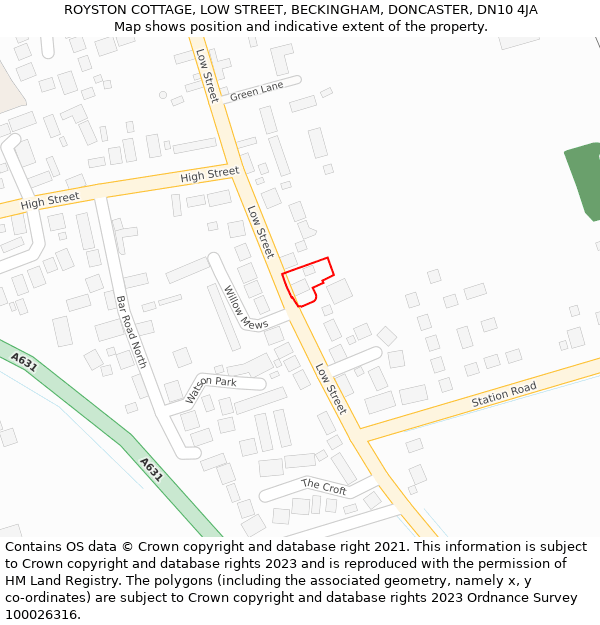 ROYSTON COTTAGE, LOW STREET, BECKINGHAM, DONCASTER, DN10 4JA: Location map and indicative extent of plot