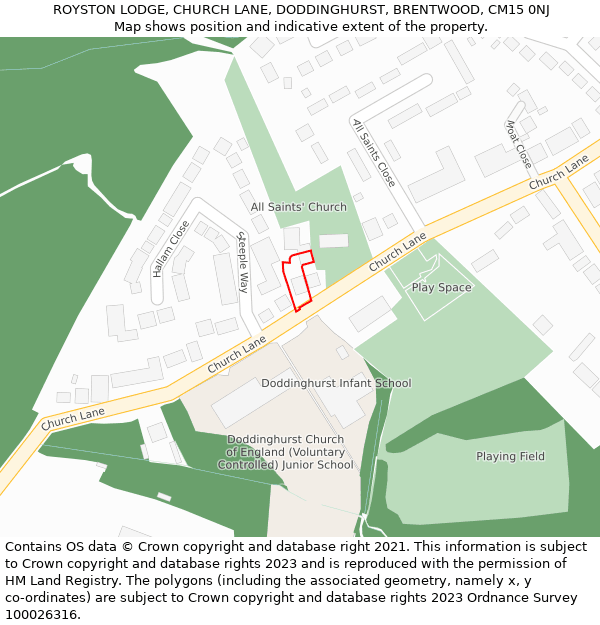 ROYSTON LODGE, CHURCH LANE, DODDINGHURST, BRENTWOOD, CM15 0NJ: Location map and indicative extent of plot