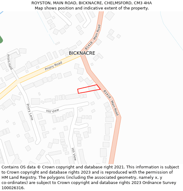 ROYSTON, MAIN ROAD, BICKNACRE, CHELMSFORD, CM3 4HA: Location map and indicative extent of plot