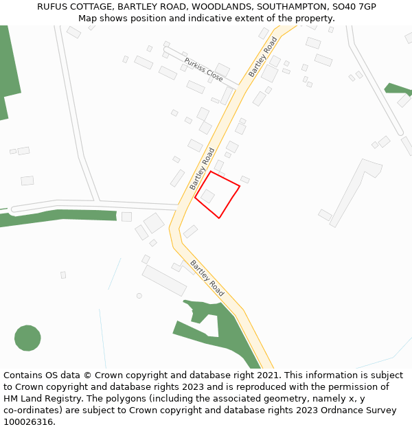 RUFUS COTTAGE, BARTLEY ROAD, WOODLANDS, SOUTHAMPTON, SO40 7GP: Location map and indicative extent of plot