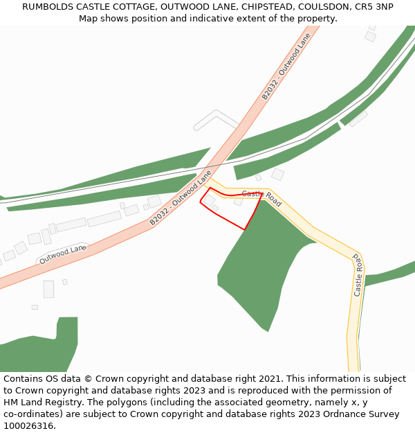 RUMBOLDS CASTLE COTTAGE, OUTWOOD LANE, CHIPSTEAD, COULSDON, CR5 3NP: Location map and indicative extent of plot