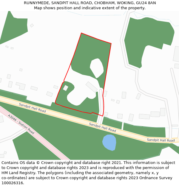 RUNNYMEDE, SANDPIT HALL ROAD, CHOBHAM, WOKING, GU24 8AN: Location map and indicative extent of plot