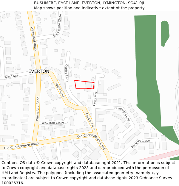 RUSHMERE, EAST LANE, EVERTON, LYMINGTON, SO41 0JL: Location map and indicative extent of plot