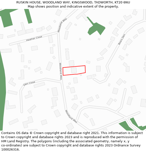 RUSKIN HOUSE, WOODLAND WAY, KINGSWOOD, TADWORTH, KT20 6NU: Location map and indicative extent of plot