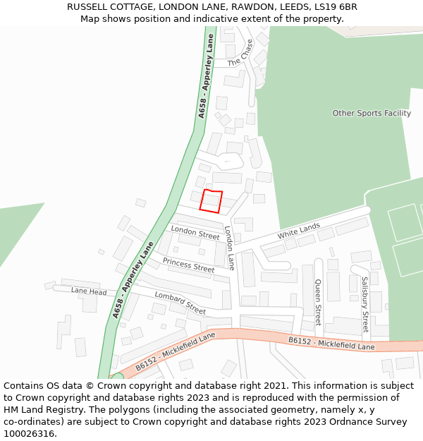 RUSSELL COTTAGE, LONDON LANE, RAWDON, LEEDS, LS19 6BR: Location map and indicative extent of plot