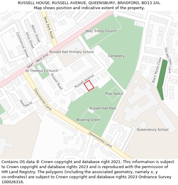 RUSSELL HOUSE, RUSSELL AVENUE, QUEENSBURY, BRADFORD, BD13 2AL: Location map and indicative extent of plot