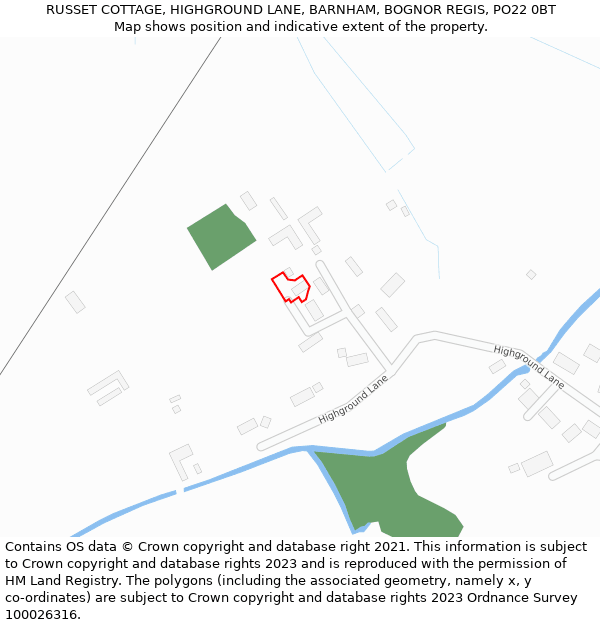 RUSSET COTTAGE, HIGHGROUND LANE, BARNHAM, BOGNOR REGIS, PO22 0BT: Location map and indicative extent of plot