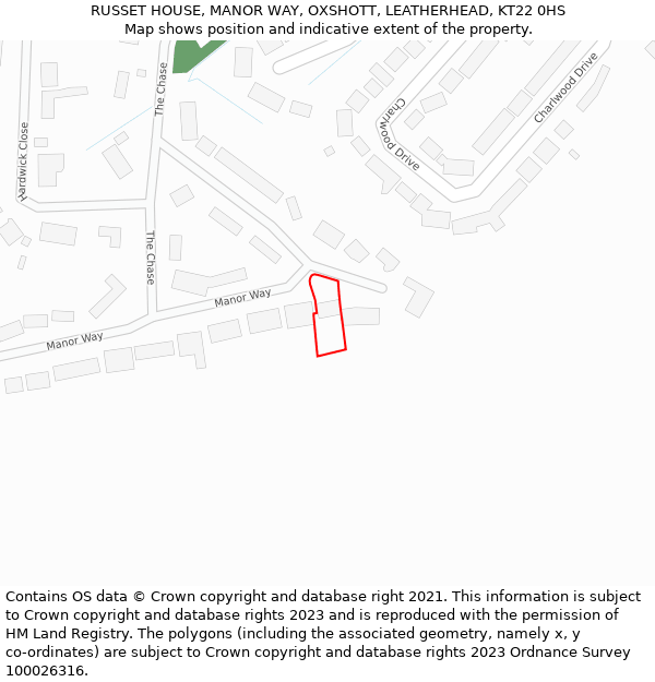 RUSSET HOUSE, MANOR WAY, OXSHOTT, LEATHERHEAD, KT22 0HS: Location map and indicative extent of plot