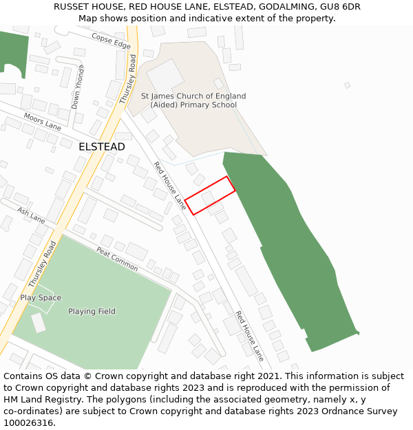 RUSSET HOUSE, RED HOUSE LANE, ELSTEAD, GODALMING, GU8 6DR: Location map and indicative extent of plot
