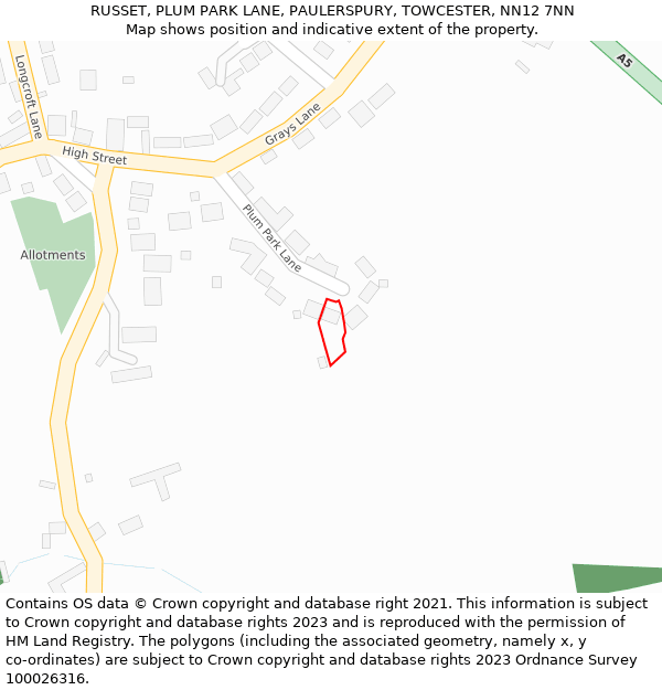 RUSSET, PLUM PARK LANE, PAULERSPURY, TOWCESTER, NN12 7NN: Location map and indicative extent of plot