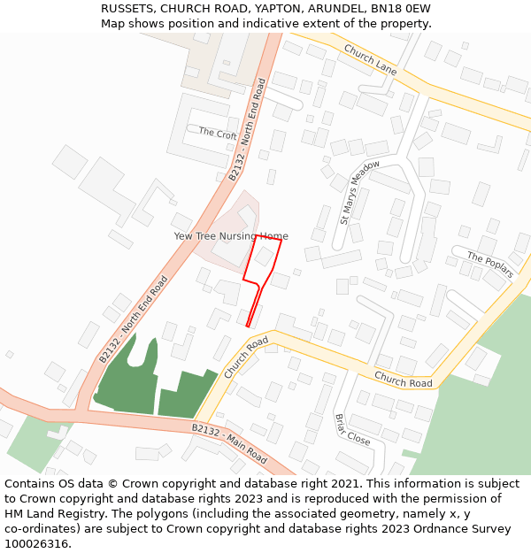 RUSSETS, CHURCH ROAD, YAPTON, ARUNDEL, BN18 0EW: Location map and indicative extent of plot