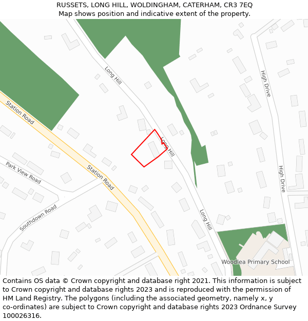 RUSSETS, LONG HILL, WOLDINGHAM, CATERHAM, CR3 7EQ: Location map and indicative extent of plot