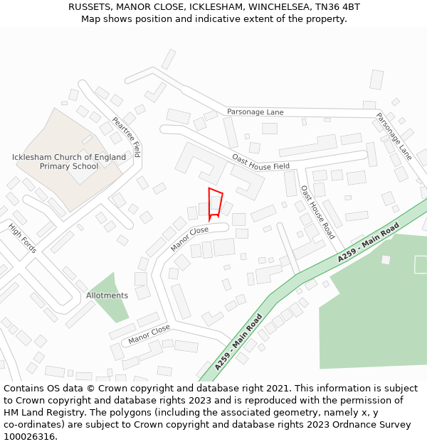 RUSSETS, MANOR CLOSE, ICKLESHAM, WINCHELSEA, TN36 4BT: Location map and indicative extent of plot