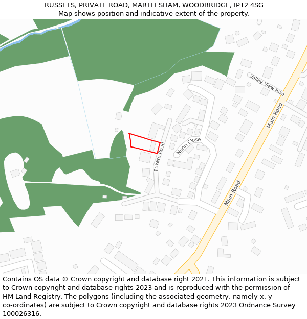 RUSSETS, PRIVATE ROAD, MARTLESHAM, WOODBRIDGE, IP12 4SG: Location map and indicative extent of plot