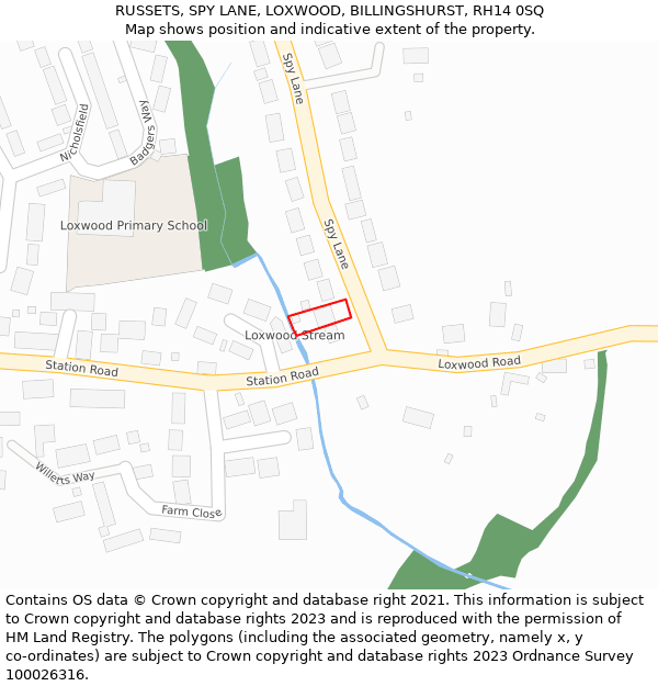 RUSSETS, SPY LANE, LOXWOOD, BILLINGSHURST, RH14 0SQ: Location map and indicative extent of plot