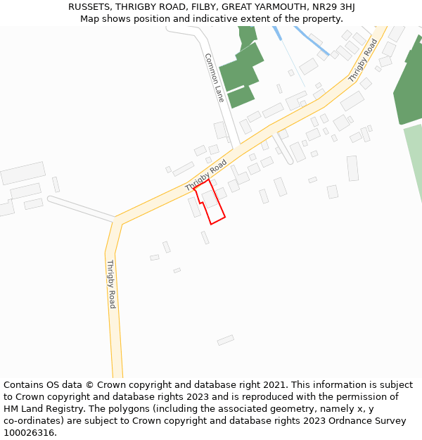 RUSSETS, THRIGBY ROAD, FILBY, GREAT YARMOUTH, NR29 3HJ: Location map and indicative extent of plot