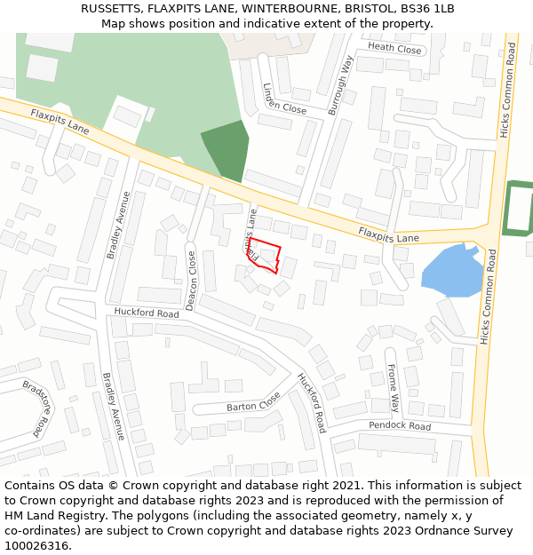 RUSSETTS, FLAXPITS LANE, WINTERBOURNE, BRISTOL, BS36 1LB: Location map and indicative extent of plot