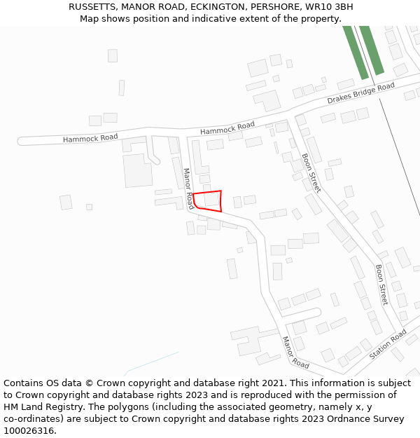RUSSETTS, MANOR ROAD, ECKINGTON, PERSHORE, WR10 3BH: Location map and indicative extent of plot