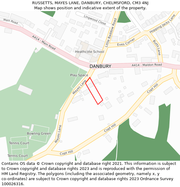 RUSSETTS, MAYES LANE, DANBURY, CHELMSFORD, CM3 4NJ: Location map and indicative extent of plot