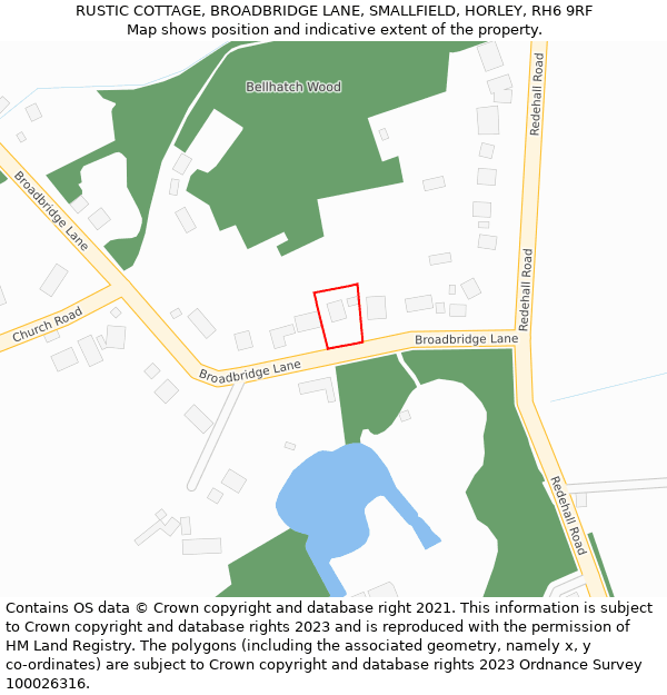RUSTIC COTTAGE, BROADBRIDGE LANE, SMALLFIELD, HORLEY, RH6 9RF: Location map and indicative extent of plot