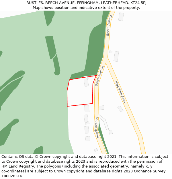 RUSTLES, BEECH AVENUE, EFFINGHAM, LEATHERHEAD, KT24 5PJ: Location map and indicative extent of plot