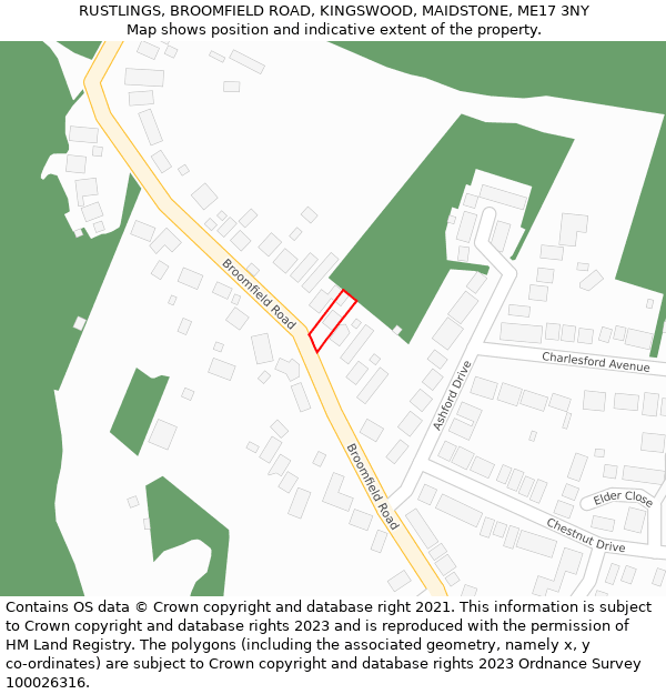 RUSTLINGS, BROOMFIELD ROAD, KINGSWOOD, MAIDSTONE, ME17 3NY: Location map and indicative extent of plot