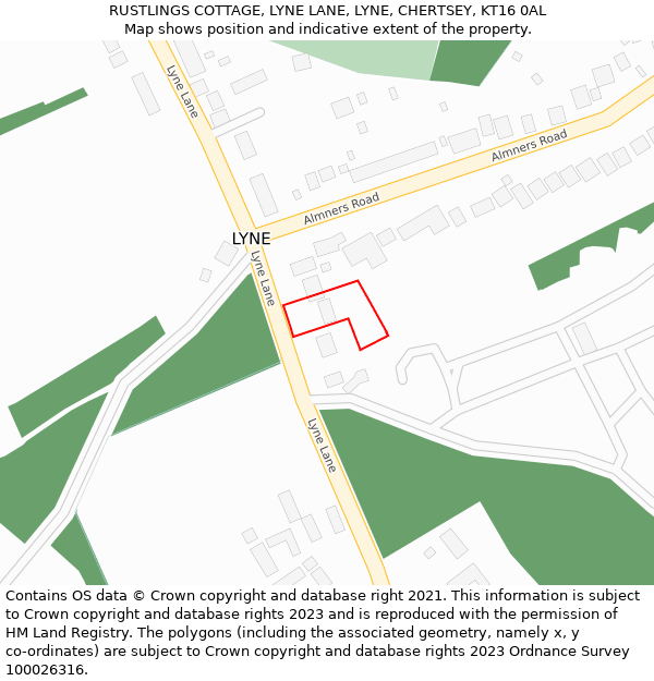 RUSTLINGS COTTAGE, LYNE LANE, LYNE, CHERTSEY, KT16 0AL: Location map and indicative extent of plot