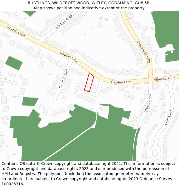 RUSTLINGS, WILDCROFT WOOD, WITLEY, GODALMING, GU8 5RL: Location map and indicative extent of plot