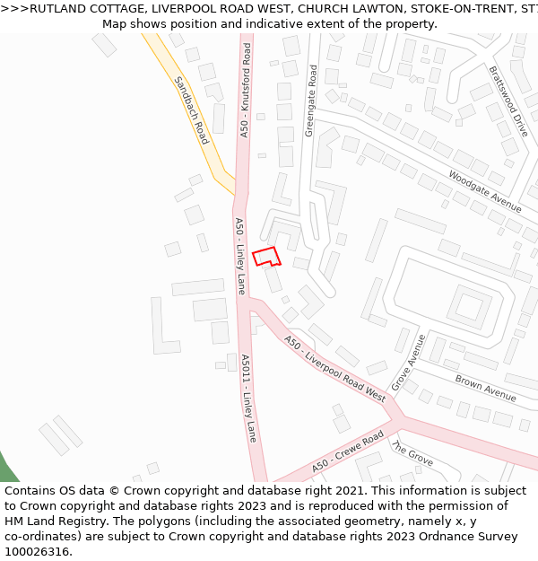 RUTLAND COTTAGE, LIVERPOOL ROAD WEST, CHURCH LAWTON, STOKE-ON-TRENT, ST7 3DZ: Location map and indicative extent of plot