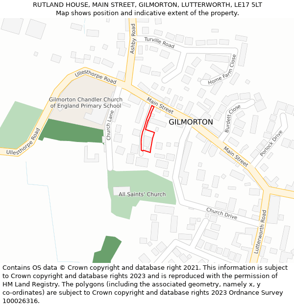 RUTLAND HOUSE, MAIN STREET, GILMORTON, LUTTERWORTH, LE17 5LT: Location map and indicative extent of plot