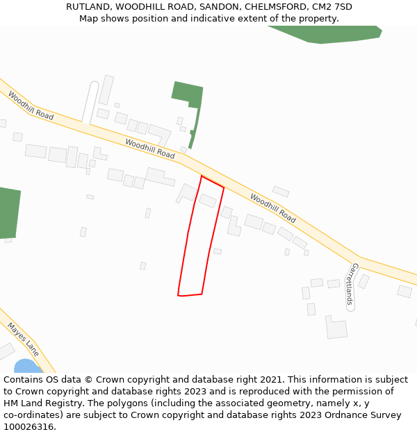 RUTLAND, WOODHILL ROAD, SANDON, CHELMSFORD, CM2 7SD: Location map and indicative extent of plot