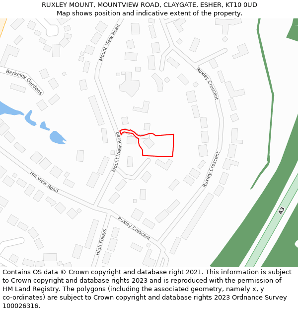 RUXLEY MOUNT, MOUNTVIEW ROAD, CLAYGATE, ESHER, KT10 0UD: Location map and indicative extent of plot
