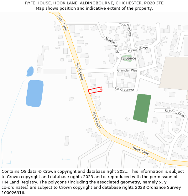RYFE HOUSE, HOOK LANE, ALDINGBOURNE, CHICHESTER, PO20 3TE: Location map and indicative extent of plot