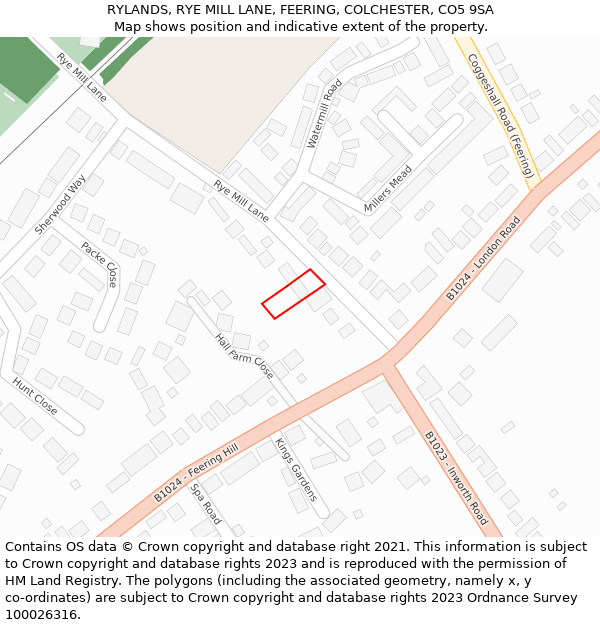 RYLANDS, RYE MILL LANE, FEERING, COLCHESTER, CO5 9SA: Location map and indicative extent of plot