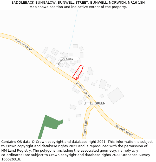 SADDLEBACK BUNGALOW, BUNWELL STREET, BUNWELL, NORWICH, NR16 1SH: Location map and indicative extent of plot