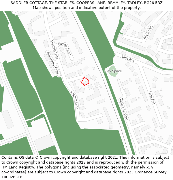 SADDLER COTTAGE, THE STABLES, COOPERS LANE, BRAMLEY, TADLEY, RG26 5BZ: Location map and indicative extent of plot