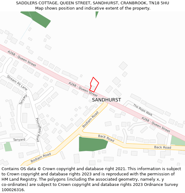 SADDLERS COTTAGE, QUEEN STREET, SANDHURST, CRANBROOK, TN18 5HU: Location map and indicative extent of plot