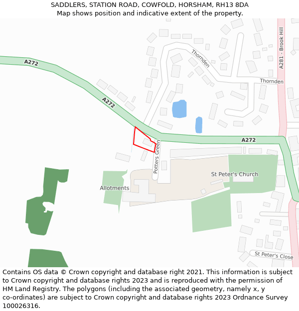 SADDLERS, STATION ROAD, COWFOLD, HORSHAM, RH13 8DA: Location map and indicative extent of plot