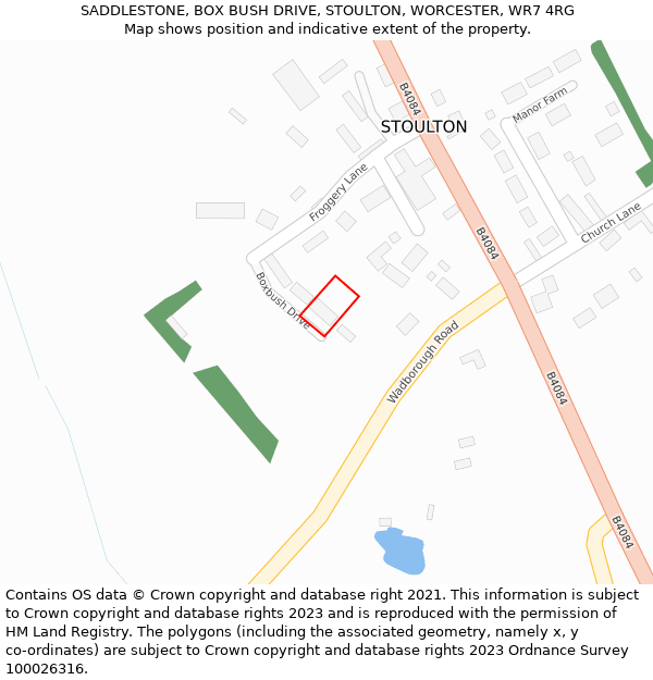 SADDLESTONE, BOX BUSH DRIVE, STOULTON, WORCESTER, WR7 4RG: Location map and indicative extent of plot