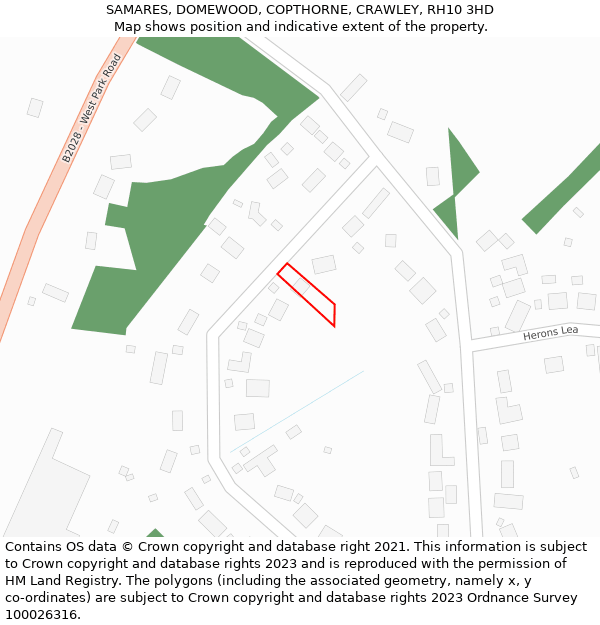 SAMARES, DOMEWOOD, COPTHORNE, CRAWLEY, RH10 3HD: Location map and indicative extent of plot