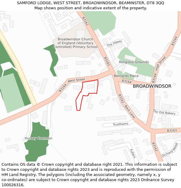 SAMFORD LODGE, WEST STREET, BROADWINDSOR, BEAMINSTER, DT8 3QQ: Location map and indicative extent of plot