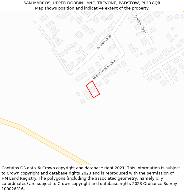 SAN MARCOS, UPPER DOBBIN LANE, TREVONE, PADSTOW, PL28 8QR: Location map and indicative extent of plot