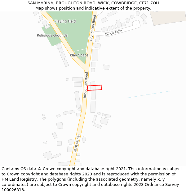 SAN MARINA, BROUGHTON ROAD, WICK, COWBRIDGE, CF71 7QH: Location map and indicative extent of plot