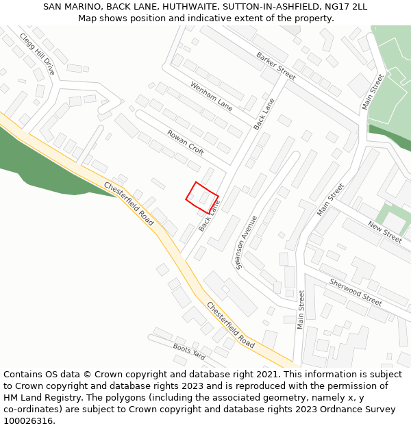 SAN MARINO, BACK LANE, HUTHWAITE, SUTTON-IN-ASHFIELD, NG17 2LL: Location map and indicative extent of plot